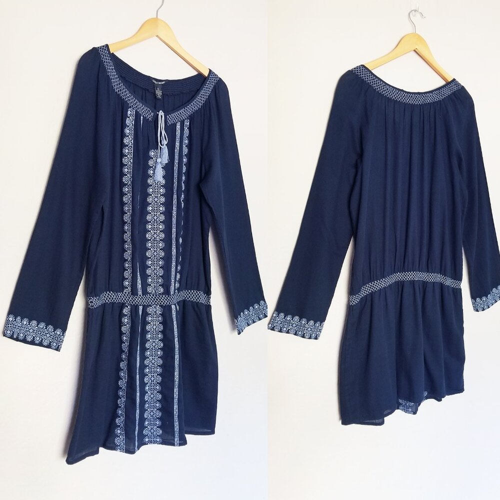Lucky Brand Embroidered Mini Peasant Dress Long Sleeve Drop Waist Blue XL Cotton - Picture 11 of 14